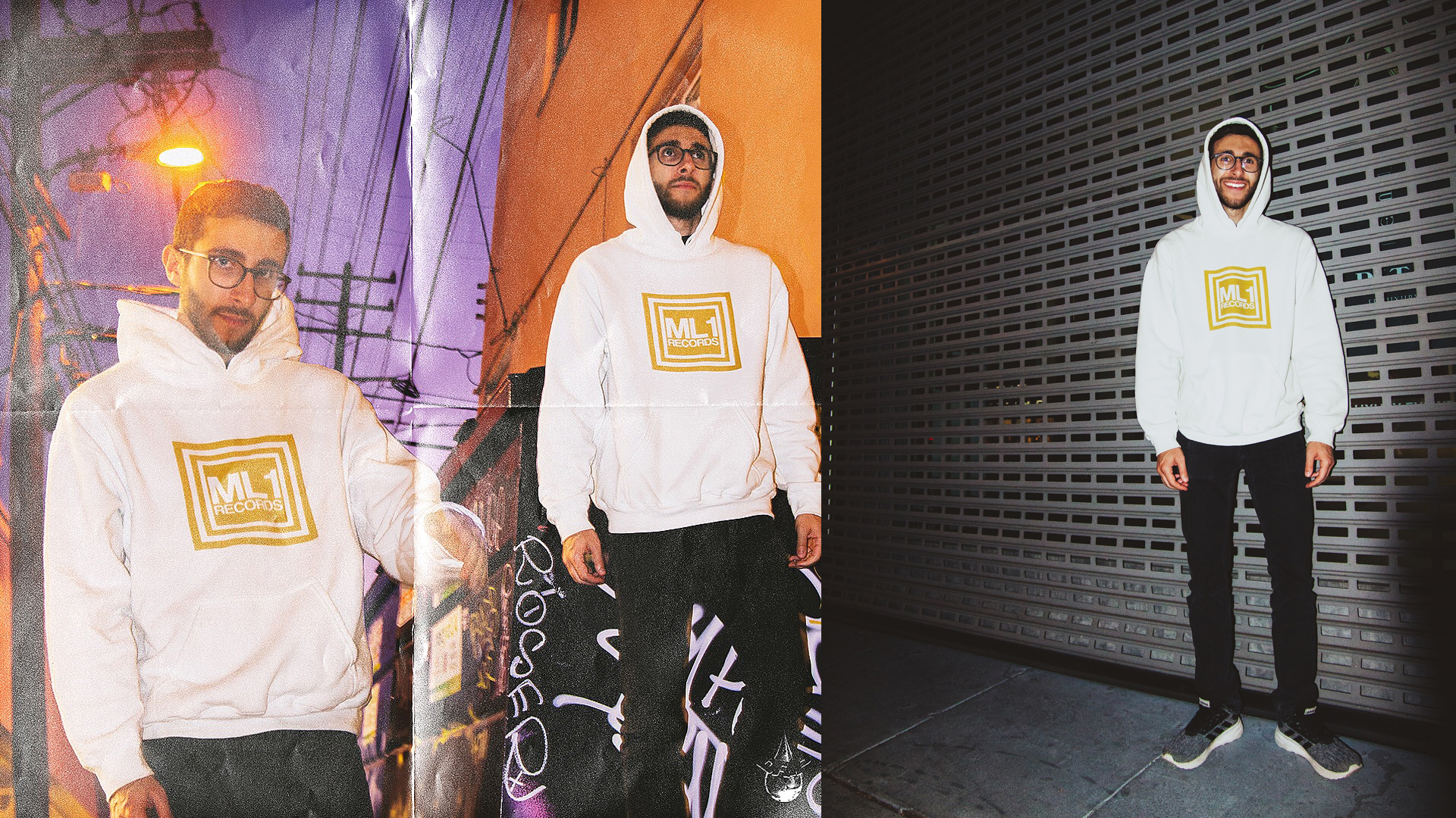 Joseph Karre wearing ML1 Records White/Gold Hoodie