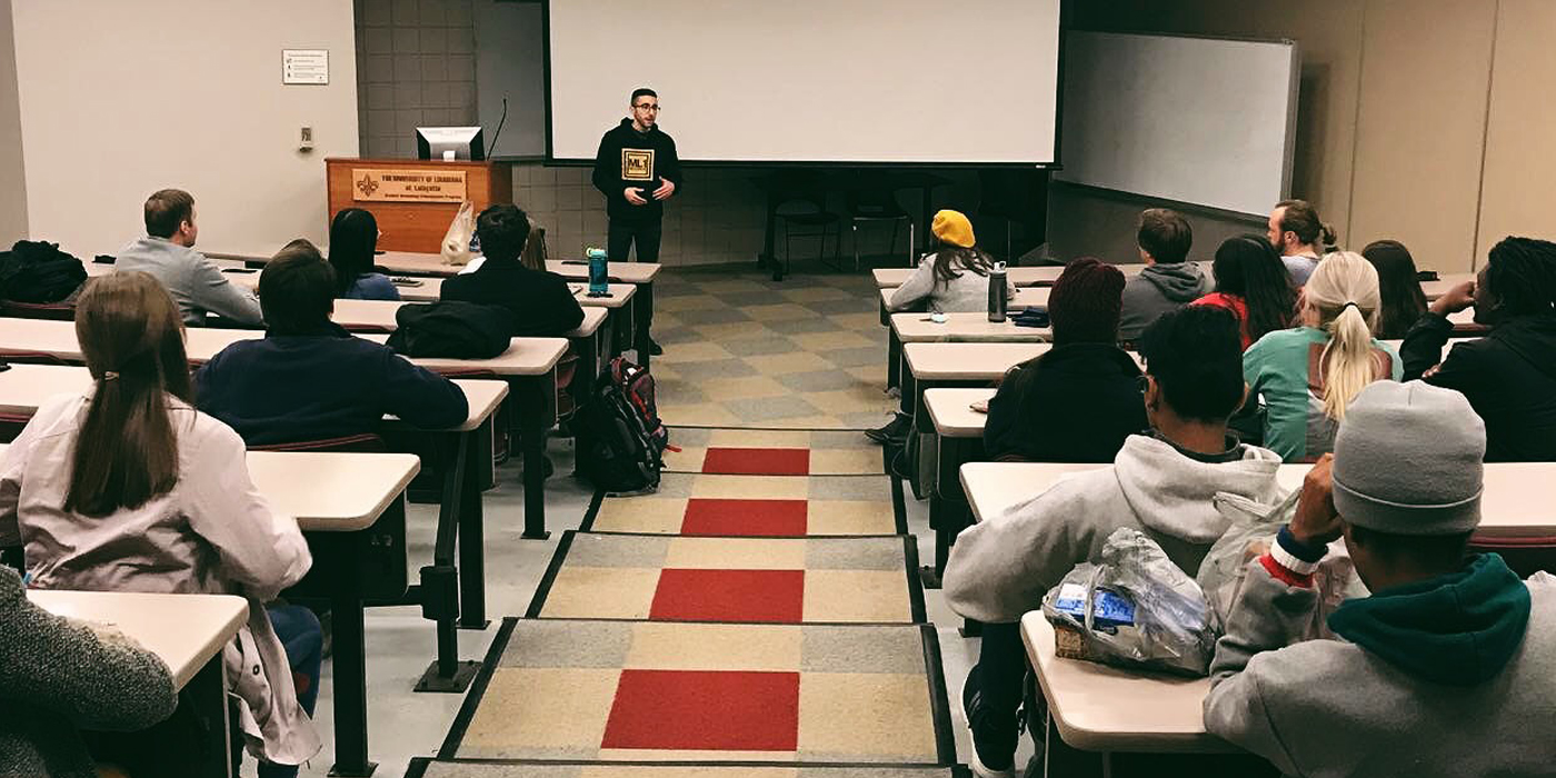 Joseph Karre speaks at the University of Louisiana at Lafayette